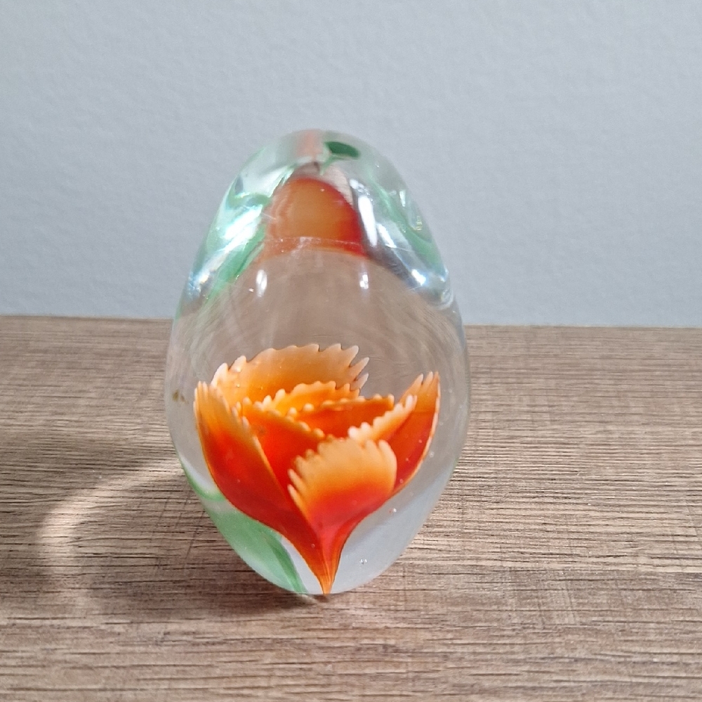 #ADM Handcrafted Glass Paperweight with Orange Flower